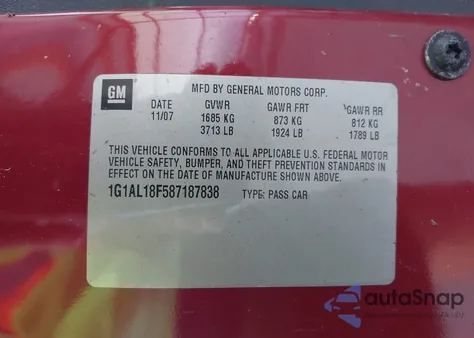 2008 Chevrolet Cobalt Lt из США, поврежденный, VIN 1G1AL18F587187838